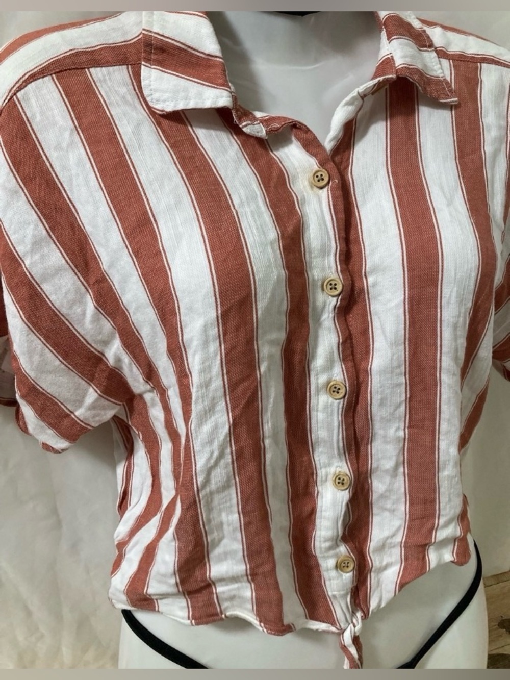 Garage Terracotta Striped Tie Front Cropped Button-Up Shirt Medium